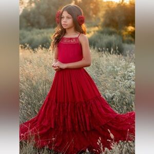 Girls Boho Elegant Red Lace Dress